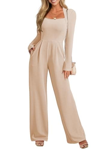 Pink Queen Fall Jumpsuits for Women Scoop Neck Wide Leg Long Pants Romper Formal One Piece Outfits Apricot S