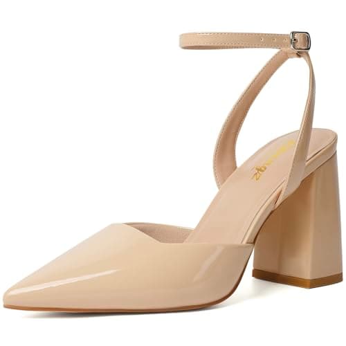 RIBONGZ Block Nude Heels for Women Closed Pointed Toe Heeled Slingback Chunky High Heel Ankle Strap Pumps Comfortable Dressy Shoes for Work Party Prom Wedding Bridal Dress Size 10.5