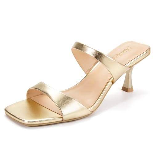 Miorap Kitten Heels for Women Square Open Toe Heeled Sandals Fashion Comfort Wedding Dressy Two Strappy Slip On Mules Shoes Gold Size 6.5