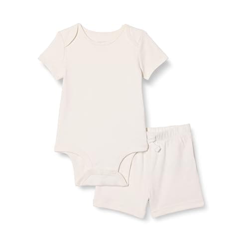 Amazon Essentials Unisex Toddlers' Short Sleeve 100% Cotton Bodysuit and Short Set, Pack of 2, Ivory, 3-6 Months