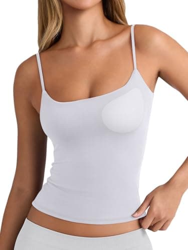 PINKMSTYLE Tank Tops for Women Built in Bra Basic Double Lined Summer Spaghetti Strap Sleeveless Camisole Top Workout Shirts White Small