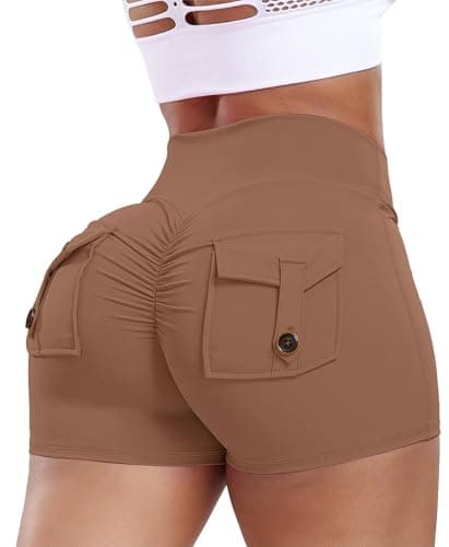 FITTOO Women 3" Workout Biker Shorts with Pockets (Khaki, XL)