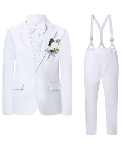 DISAUR White Suits for Boys Formal Suits 6-7 Years for School Formal Events 7 Pcs Including Jacket, Pants, Shirt, Vest, Corsage, Suspender and Bow Tie