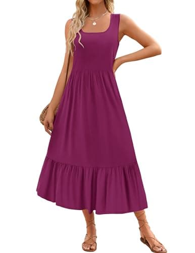 ZESICA Women's 2025 Summer Sleeveless Dress Square Neck Pleated Tiered Swing Maxi Dresses with Pockets,Plum,Medium