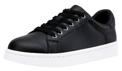 Vepose Women's Black Leather Walking Casual Sneakers, Dressy Arch Support Comfortable Low Top Tennis Lace up 8003L Shoes, Size 7M US, (CJY8003L Black 07)