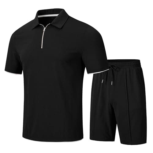 MoFiz Mens Track Suits Shorts Sets Outfit 2 Piece Sets Quarter Zip Polo Shirt Short Sleeve & Shorts Jogging Casual Sweatsuit Sets Solid (Black Large)