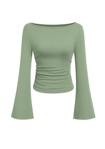 PRETTYGARDEN Womens Bell Long Sleeve Ribbed Knit Tops,Light Green,XL
