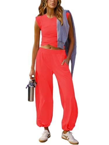 Outfeel Women 2 Piece Outfit Set Loungewear Cropped Tops and Jogger Sweatpant Matching Set Coordinated Sweatsuit with Pockets Red X-Large