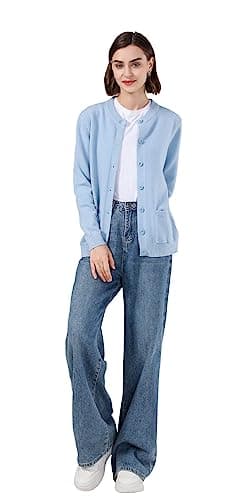 SMILING PINKER Women Cardigan Sweater Button Down Crew Neck Ribbed Knit Sweater with Pockets (Light Blue,3X-Large)