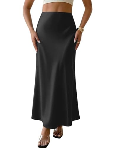 LOMON Black Satin Silk Skirt Dressy Casual Flowy High Waisted Long Cocktail Wedding Midi Skirts XL
