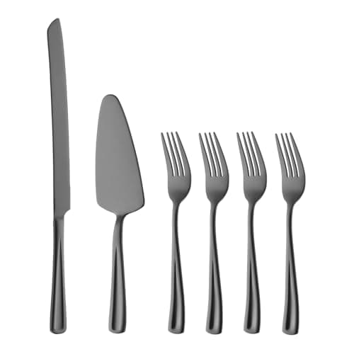 GoGeiLi Black Cake Knife and Server Set with Forks, 13-inch Stainless Steel Cake Cutting Set Include 4 Salad Forks, Wedding Cake Cutter Set, Mirror Polished & Dishwasher Safe