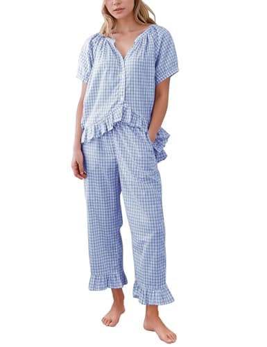PEHMEA Womens Plaid 2 Piece Cotton Gingham Pajama Sets Y2K Cute Lounge Set