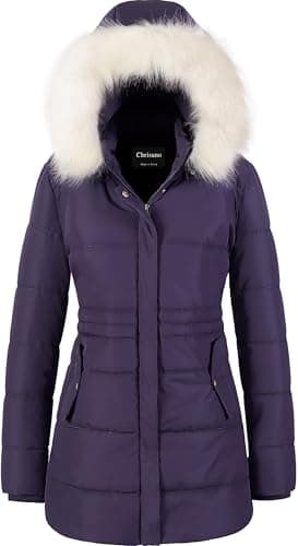 Chrisuno Women Winter Coat Women's Casual Quilted Snow Coats Long Fleece Line Puffer Jacket Warm Waterproof Thicken Heavy Parka Dark Purple M