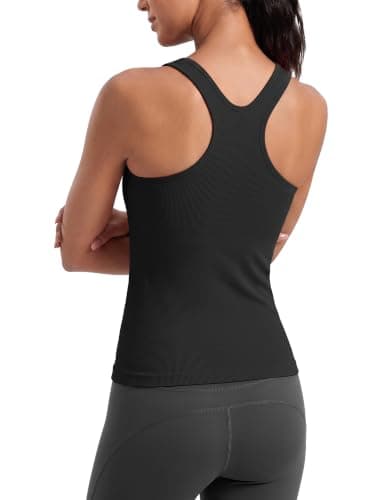 ATTRACO Ribflex Women Seamless Workout Tank Tops with Built in Bra Black L