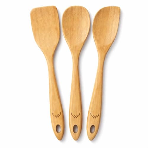 Prime Bamboo Wooden Spoons for Cooking Set of 3 Pcs – Wooden Cooking Utensils with Long Handle, Includes Flat Wood Spoon, Bamboo Spatula, and Slotted Spoon for Kitchen Utensils Set