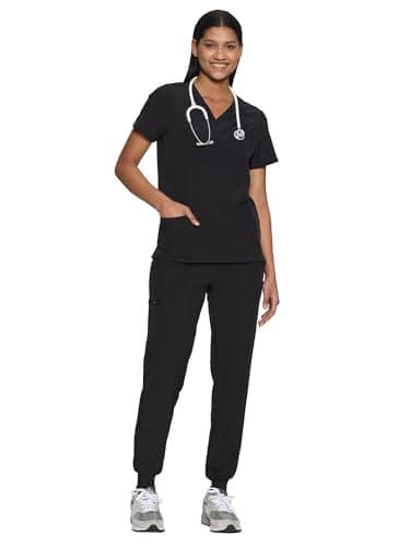 COZYFIT Scrubs for Women Set - Stretch V-Neck Top & Jogger Pant, Black, M
