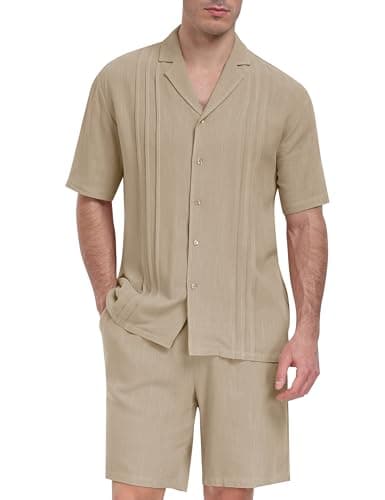 MoFiz Men's Linen Sets 2 Pieces Summer Vacation Party Beach Outfits Short Sleeve Button Down Shirts and Pants Set Khaki 2X-Large