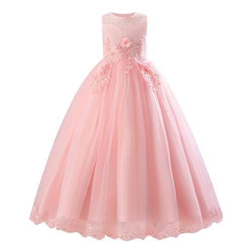 IDOPIP Flower Girl Lace Dress for Kids Wedding Bridesmaid Pageant Party Formal Long Maxi Gown Big Little Princess First Communion Birthday Prom Sleeveless Bowknot Puffy Tulle Dresses Pink 13-14 Years