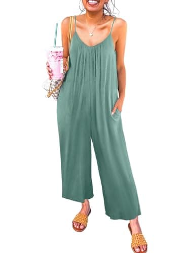 Happy Sailed Womens Jumpsuit Summer Sleeveless Adjustable Straps Pockets Stretch Wide Leg Pants Romper Flowy Beach Jumpsuits Baggy Overalls One Piece Outfits Casual Vacation Outfits Green Small