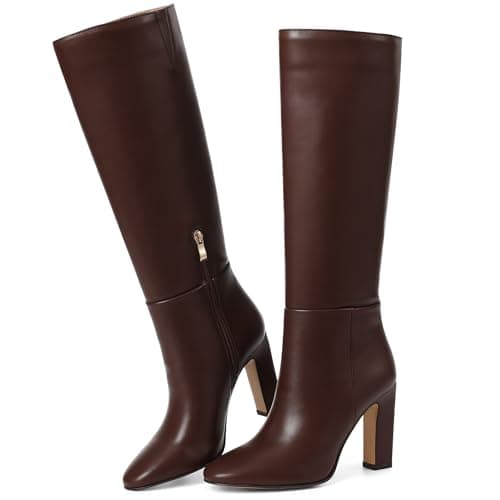 Attiposh Womens Knee High Boots Round Toe Block Heels Side Zipper Tall Boot