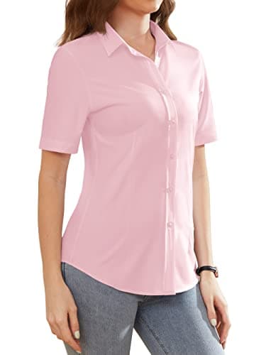Pink Shirts for Women Simple Button-Down Short Sleeves Ladies Tops and Blouses Slim fit Stretchy Collar Uniform Pink Size S