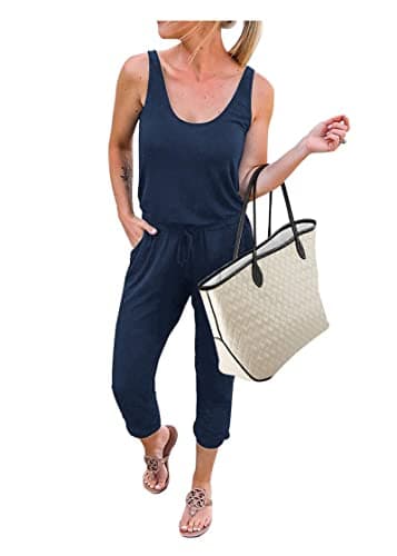KIRUNDO Women 2026 Summer Jumpsuits Casual Sleeveless Drawstring Elastic Waist Romper Vacation Cruise Airport Travel Outfits(Dark Blue, Small)