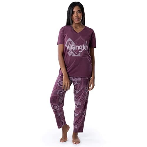Wrangler Women's V-Neck Short Sleeve Graphic Tee and Printed Pants Pajama Sleep Set, Amaranth/Paisley, 2X