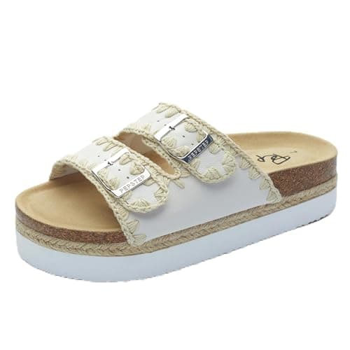 PepStep Slide Sandals for Women with Soft Cork Footbed and Strap, Ladies Fashion Platform Slide Sandals Comfortable Slip On Style(10,PLTFKNITwhite)