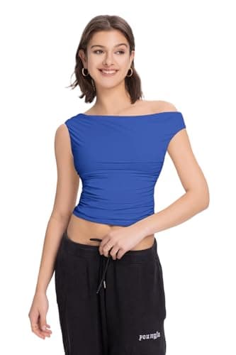 Going Out Tops Brown Off The Shoulder for Women Double Layered Sleeveless Y2K Date Night Asymmetric Blouses Shirt (SapphireBlue,L)