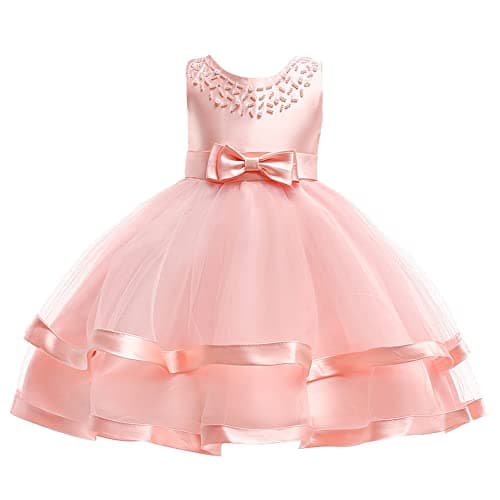 NSSMWTTC Toddler Embroidery Flower Ball Gown Dresses Graduation Frocks Girl Wedding Prom Tutu Christmas Dress (5017 Pink,140)