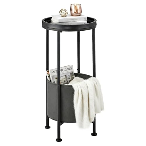 ZEXVIDA Small Round Side Table with Storage Basket, Black