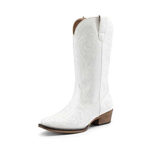 DREAM PAIRS Women's Cowboy Boots Mid Calf Cowgirl Boots Square Toe Chunky Heel Embroidery Stitched Western Boots,Size 6.5,White,SDMB2403W
