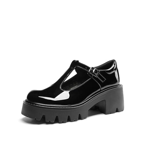 DREAM PAIRS Women's T-Strap Mary Jane Shoes Low Platform Chunky Block Heels Closed Toe Work Pumps Comfortable Round Toe Dress Wedding Party Shoes,Size 7.5,Black-Pat,DWUMPU2571