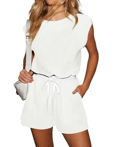 LEEDYA Jumpsuits for Women Summer Short Sleeve Romper One Piece Gym Shorts Bodysuit Casual Onesie Pajama Set with Pockets White M