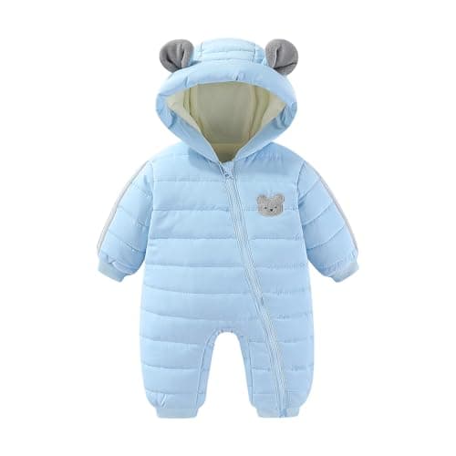 JiAmy Infant Snowsuit Baby Hooded Winter Clothes Baby Bear Outfit Zipper Romper Jumpsuit Blue 6-9 Months