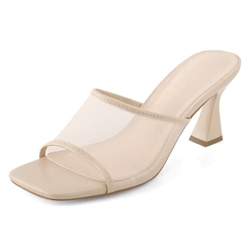GRACESTRIDE Women's Mule Heels Chunky Kitten Heeled Sandals Mesh Slip On Square Toe Comfortable Casual Dress Pumps Shoes(10,Nude)