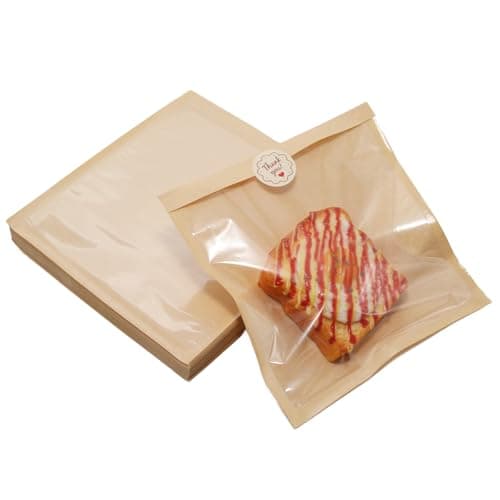 WINDAWNKE 100 Pack Heat Sealable Bakery Bags with Window, 7.1x7.5 Inch Brown Cookie Bags with Stickers for Sandwich, Donut, Cookies, Bagel Packaging