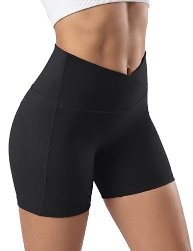 MAGCOMSEN Crossover Biker Shorts Women 4" No Front Seam High Waist Tummy Control Yoga Workout Gym Shorts Back Pocket Black S