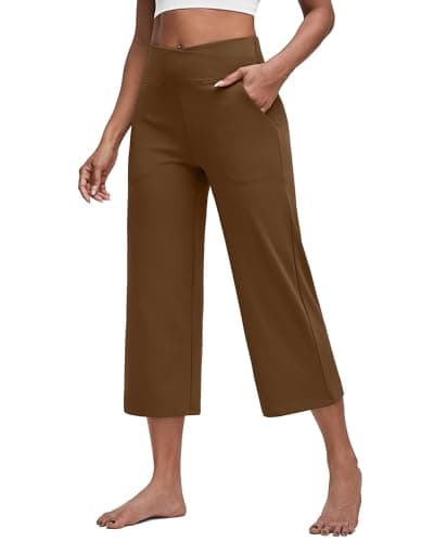 G4Free Yoga Dress Capris for Women Straight Leg Wide Leg Capri Pants Cross Waist Cropped Pants with Pockets(Dark Coffee,S,22'')
