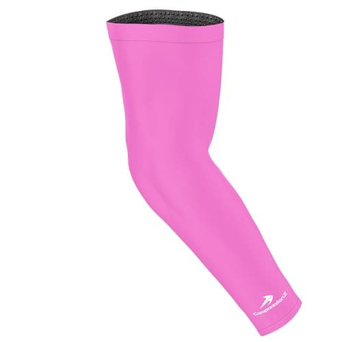 CompressionZ Compression Arm Sleeves for Men & Women| Cooling UV Sun Protection Elbow Pain Relief for All Sports and Recovery Pink: Single Sleeve Large