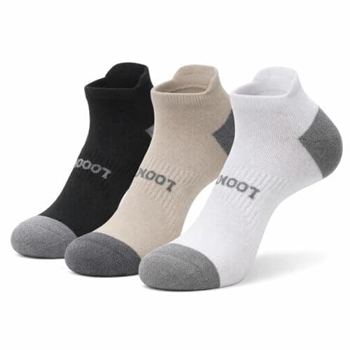 LOOMPOP 3 Pairs Compression Ankle Socks for Women & Men, Athletic Socks with Arch Support, Light Cushion, Moisture-Wicking (Large,3 Pairs-Black/Light Coffee/White)