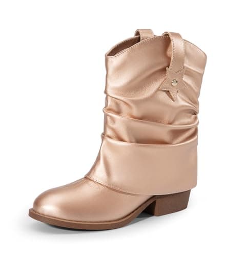 DREAM PAIRS Girls Cowboy Cowgirl Boots 2-in-1 Western Removable Cuff Fold Over Embroidered Fashion Mid Calf Shoes,Size 3 Little Kid,Rose Gold,SDBO2406K