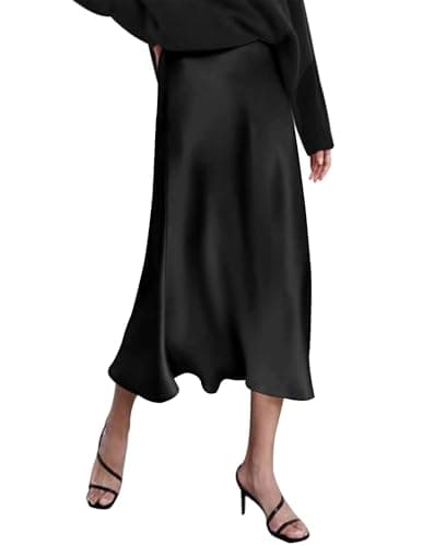 HOTOUCH Black Silk Skirts Casual High Waisted Midi Skirt Fall Skirts for Women XL