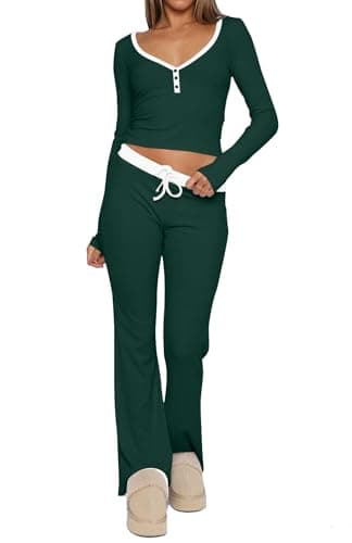 Dressmine Pajama Sets for Women 2 Piece Y2K Pjs Set Cozy Holiday Lounge Set V Neck Sexy Cute Pj Winter Sets Blackish Green Large