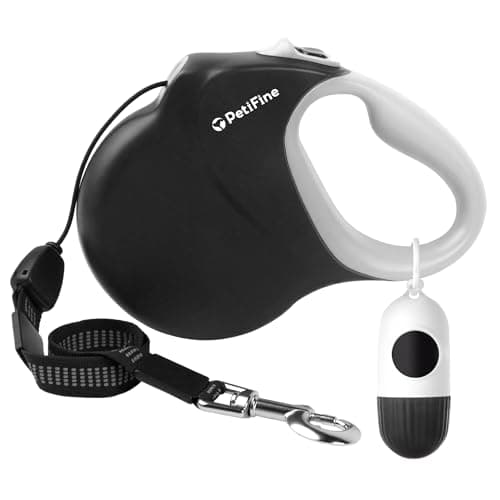 PetiFine Retractable Dog Leash with Dispenser and Poop Bags,30 FT Heavy Duty Dog Walking Leash for Medium/Large Dogs up to 110 lbs, 360° Tangle-Free Long Retract Dog Lead, One-Hand Brake, Black