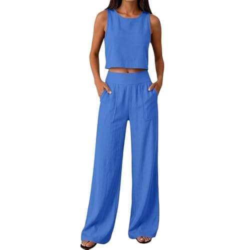 Tshaboel ladies linen pants Linen Sets for Women 2 Piece Sleeveless Crew Neck Tank top With Wide Leg Pant Casual Cotton Gauze Outfit Plus Size Spring Summer Fashion Travel Clothes Blue