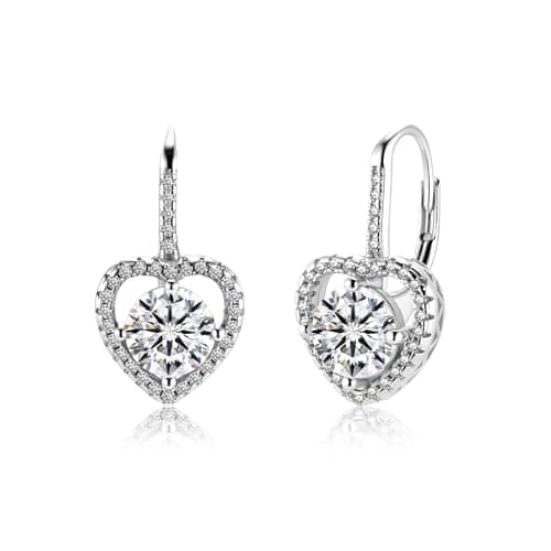 2.0ct Silver Moissanite Heart Dangle Drop Leverback Earrings for Women