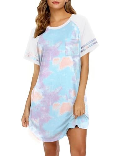 Ekouaer Nightgowns for Women Color Block Sleep Shirt Short Sleeve Sleepwear
