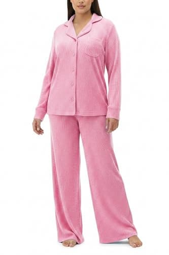 MANBEIYA Women's Pajama Sets Long Sleeve Button Down Soft Knit Sleepwear 2 Piece Lounge Set (Large,Pink)