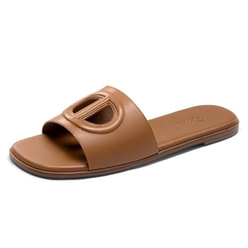 Athlefit Women's Flat Sandals Slip On Summer Beach Slide Sandals Tan 5.5